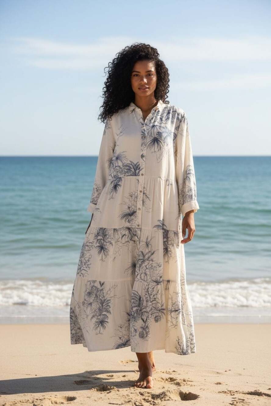 1.STATE Palm Print Long Sleeve Tiered Maxi Shirtdress